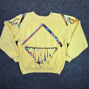 Vtg Discus Athletic Southwest Aztec Fringe Sweatshirt Medium Yellow 90s USA Boho